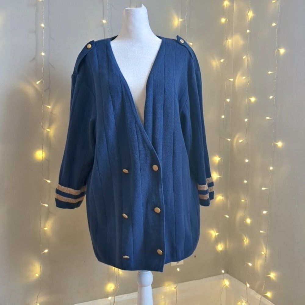 Vintage 1990s Lizsport Knit Cardigan Sweater Double Breasted Nautical Preppy SP